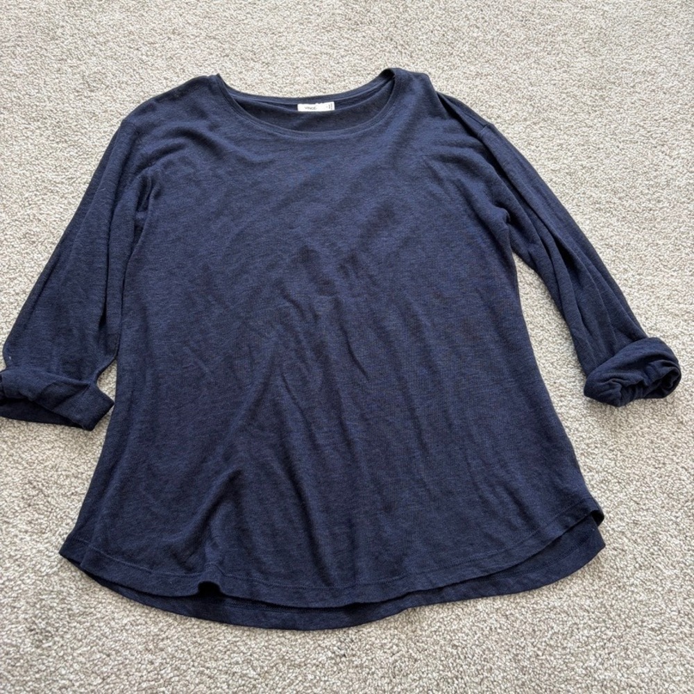 Vince Linen Tee Womens S Navy Blue Rolled 3/4 Sleeve Casual‎ Relaxed Beach